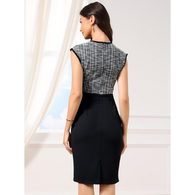 Женские платья INSPIRE CHIC Women's Tweed Crew Neck Sleeveless Patchwork Office Business Bodycon Sheath Dresses Small Black — фото 3