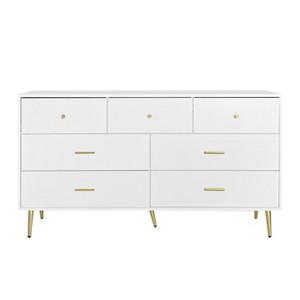 Okak Minimalism 7-Drawer Bedroom Dresser, High Glossy Surface, Storage Cabinet of Drawer with Golden Handle & Steel Legs, Matte White - 1 of 4