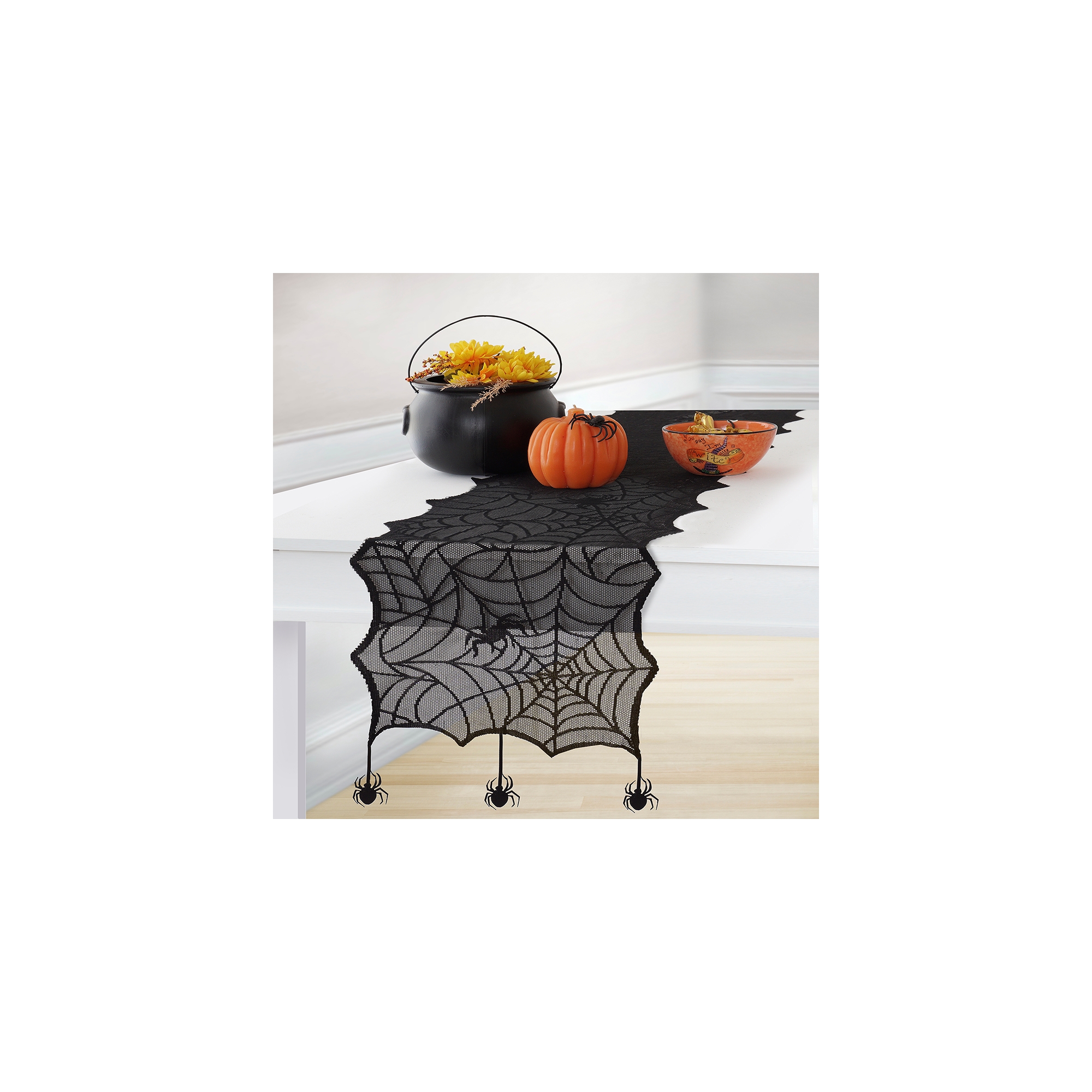 Crawling Halloween Spider Lace Table Runner and Mantle Scarf - 13" x 70" - Black - Elrene Home Fashions