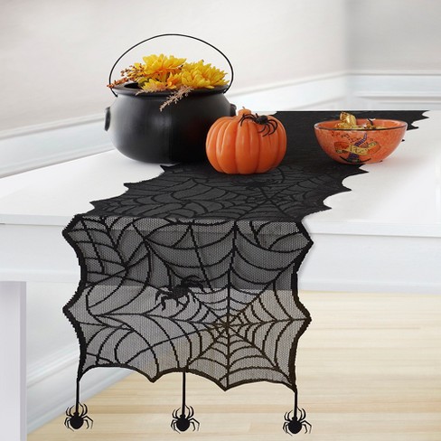 N&T NIETING Halloween Spider Web Black Lace Table Topper 20 x 80 Inches,Black Lace Spider Web Table Runner for Halloween Parties Dinners 