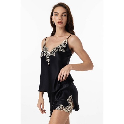 SilkSilky Women's Pure Silk Lace Flower Trim Pajama Set