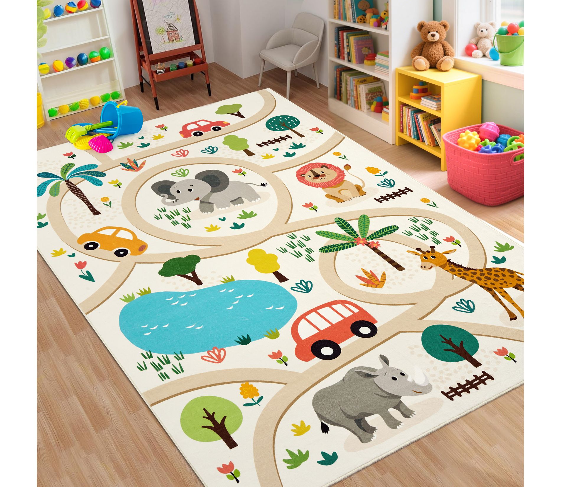 Large 8x10 Kids Play Mat Washable Non-Slip Foldable Playroom Rug with Forest Animals & Car Roads Track, Ultra-Soft Educational Vehicle Playmat