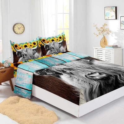 Acoinel 4 Pcs Sunflowers Cow Comforter Set with 1 Fitted Sheet, 1 Flat Sheet and 2 Pillowcases, for Kids Teens Boys Girls Adults Bedroom
