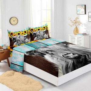 Acoinel 4 Pcs Sunflowers Cow Comforter Set with 1 Fitted Sheet, 1 Flat Sheet and 2 Pillowcases, for Kids Teens Boys Girls Adults Bedroom - 1 of 4