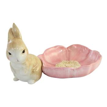 Tabletop 5.75" Bunny With Pink Petal Bowl Rabbit Flower Candy Dish December Diamonds  -  Serving Platters