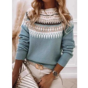 Coolmee Womens Sweater Casual Midweight Vintage Fair Isle Sweater Raglan Sleeve Crew Neck Knitted Pullover Comfy Warm Winter Tops - 1 of 3