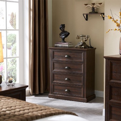 SinCiDo Farmhouse Dresser with 4 Drawer, 28" Wide Vertical Dresser, Wood Rustic Chest of Drawers Organizer Closet, for Living Room, Dark Gray