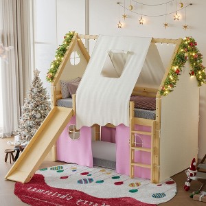 KTMBDW Loft Bed with Ladders and Slide, Tall Loft Bed Frame with Tents and House-Shaped Guardrails for Adults Teens, Natural - 1 of 4