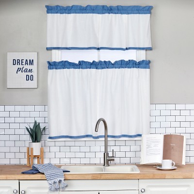 Blue and White Polyester Rod Pocket Bathroom Valance, 56x24
