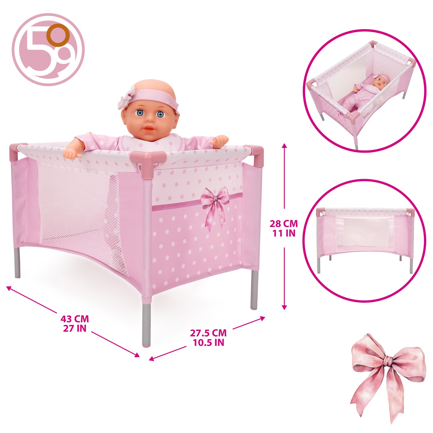 Аксессуары для кукол 509Crew 509 Crew: Bow Travel Care N' Feed Doll Set Stroller Accessories Pink White 9pc, цвет: Розовый — фото 5