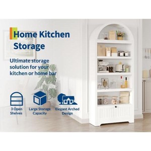 72" Arched Bookshelf with Storage Drawer, Modern 6-Tier Wood Display Cabinet, Open Shelves & Curved Door for Living Room & Kitchen,  White - 1 of 4