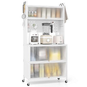 Costway 5 Tier Kitchen Bakers Rack with Lights Flip Door Cabinets Pegboard & Hooks White/Black - 1 of 4