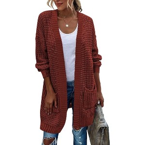 Zeagoo Women's Open Front Chunky Knit Sweater Oversized Lantern Sleeve Cardigan Outwear Rust - 1 of 4