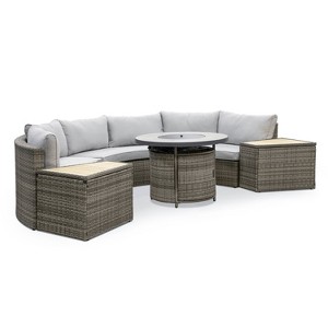 Greemotion 6pc Barbuda Teak Wood Outdoor Patio Firepit Sets Brown: Aluminum Frame, Ceramic Tile, UV Protection - 1 of 4