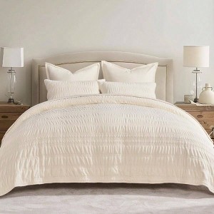 Quilt King Size, Luxury Bedding Set, Soft Ruched Quilt with 2 Shams, Cream White - 1 of 4