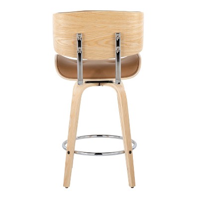 Camel Faux Leather and Natural Wood Swivel Counter Stools