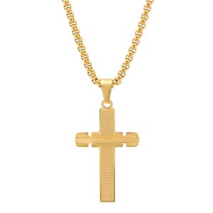 Steeltime 24" Men's 18k gold plated stainless steel padre nuestro cross pendant with bar - 1 of 4