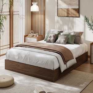 King Wood Bed Frame, Floor Standing, Wooden Slats, No Box Spring Needed, Noise Free & Easy Assembly, Modern Minimalist, Burlywood/Walnut Wood - 1 of 4