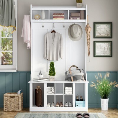 TIRAMISUBEST Hall Tree with 6 Hooks - White Entryway Organizer with Storage