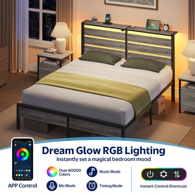 Greenstell Bed Frame with Headboard, Metal Platform Bed Frame with LED Lights & Charging Station, Under Bed Storage, Solid and Stable