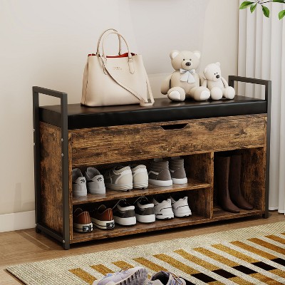 KTMBDW 39" Shoe Storage Bench with Cushion, Entryway Bench with Lift-Top Storage Box and 2 Tiers Open Shoe Rack for Entryway, Bedroom, Rustic brown