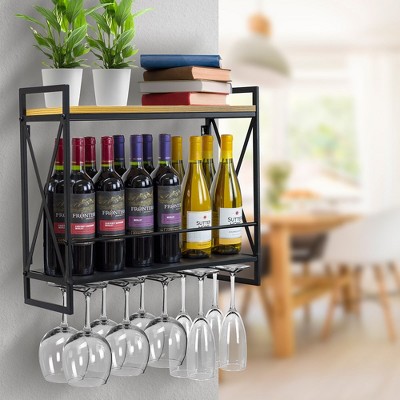 Elegant 2-Tier Black Melamine & Steel Wine Rack with Glass Holder
