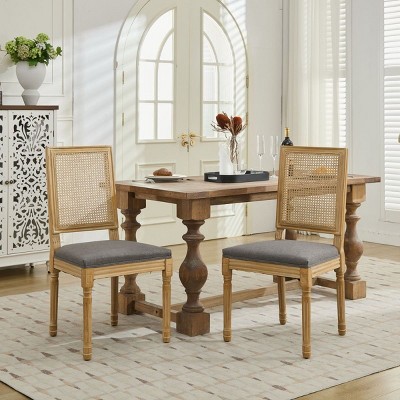 French Dining Chairs Set of 2,Linen Upholstered Dining Chairs with Rattan Backrest,Wood Dining Chairs for Kitchen or Living Room-Coolbibila