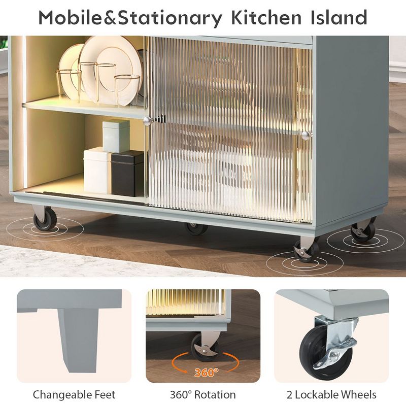 Kitchen Island with Drop Leaf, Kitchen Island Cart on Wheels, Rolling Kitchen Cart Table with Power Outlet and Led Light, Kitchen Storage Island for Kitchen, 5 of 7