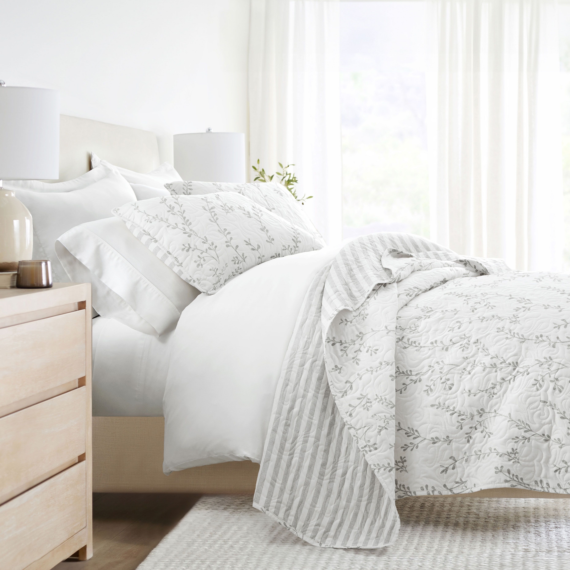 Geometric and Floral Modern Reversible Quilt and Shams Set - Becky Cameron, Sprouting Vines Stripe / Light Gray, King/California King