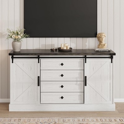 Garvee 59 Inch 4 Drawer Wood Dresser for Bedroom with Sliding Barn Doors Lacquered Engineered