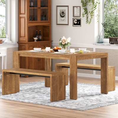 KTMBDW 3-Piece Dining Table Set for 4-6 People, 60" Dining Room Table with 2 Benches, Farmhouse Rectangular Dining Room Table Set for Kitchen