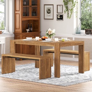 KTMBDW 3-Piece Dining Table Set for 4-6 People, 60" Dining Room Table with 2 Benches, Farmhouse Rectangular Dining Room Table Set for Kitchen - 1 of 4
