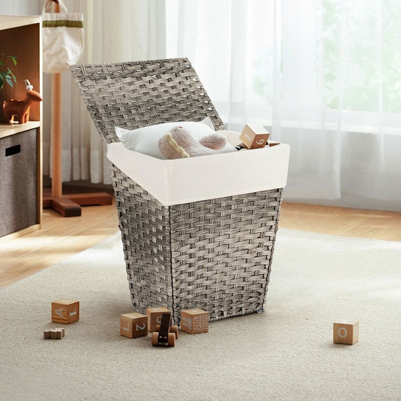 Costway Handwoven Laundry Hamper Foldable w/Removable Liner, Lid & Handles Brown/Grey, 4 of 11