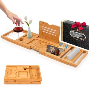 SereneLife Bamboo Bathtub Caddy - Adjustable Tray for Bathtubs with Wine Glass & Candle Holder, Foldable, Waterproof, 27.56"-41.33" - 1 of 4