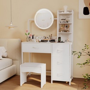 Small Vanity Desk with Lighted Round Mirror & Power Outlet, Makeup Vanity Table with 4 Fabric Drawers & 3 Shelves, Modern Dressing Table for Bedroom - 1 of 4