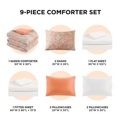 Regency Heights 9Pcs Premium Touch BIAB Comforter Set, Metallic Print Trending Design Bedding Set with Matching Shams and Sheets, Coral, Queen — фото 6