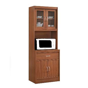 Hodedah Import Standing 70 Inch Tall Top and Bottom Shelf Enclosed Kitchen China Cabinet with Front Sliding Pullout Drawer, Cherry