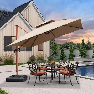PURPLE LEAF 10 ft Square Wood Pattern Patio Cantilever Umbrella with Base - 1 of 4