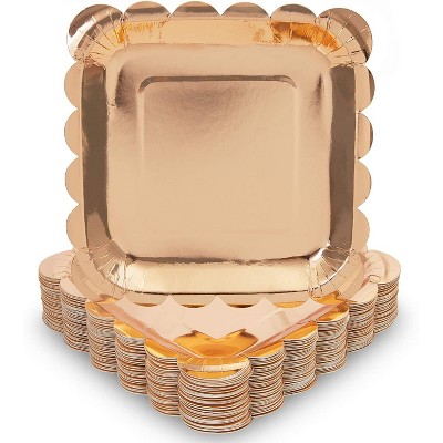 Sparkle and Bash 48-Pack Metallic Rose Gold Foil Square Disposable Paper Plates Scalloped Edge, Party Supplies, 7"