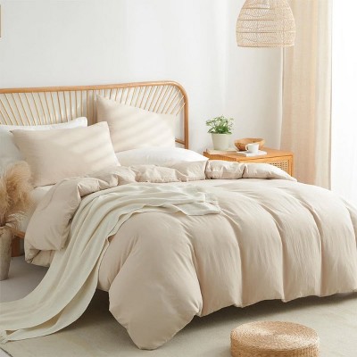 Evo Bytes 3-Piece Minimalist 100% Cotton Duvet Cover Set Breathable Soft Bedding - Queen Duvet Cover - 2 Standard Pillowcases-Beige