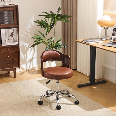 VINGLI Armless Office Desk Chair,,Dual-Use with/no Wheels,Small Adjustable Swivel Walnut Curved Task Chair for Study Area,Workspace,PU