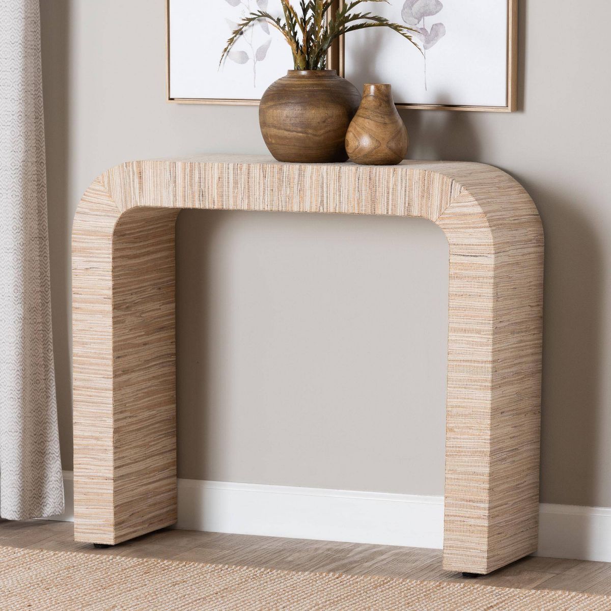 bali & pari Yareli Woven Grasscloth Console Table Natural/Gold - thumbnail 3