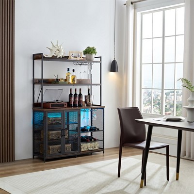 65" Coffee Bar Cabinet, Sideboard Buffet Cabinet with Storage Shelf & Glass Holder, Bakers Rack with Power Outlet for Kitchen Living Dining