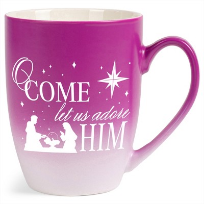 Elanze Designs O Come Let Us Adore Him Two Toned Ombre Matte Pink and White 12 ounce Ceramic Stoneware Coffee Cup Mug