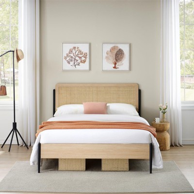Coolmee Full/Queen Size Bed Frame with Natural Rattan Headboard and Solid Wood Footboard, Bed Frame with Under Bed Storage Space