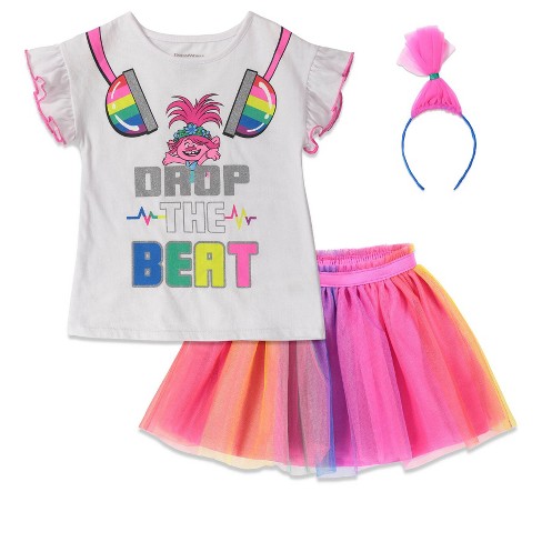 TROLLS Poppy Toddler Girls T-Shirt Skirt and Headband 3 Piece Outfit Set  White 4T