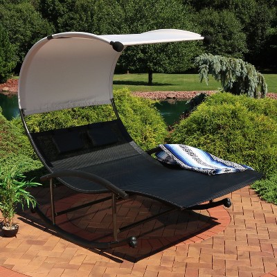 Black Double Chaise Rocking Lounge with Canopy and Cushions