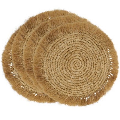 Natural Round Raffia Placemats with Fringed Edges, Set of 4