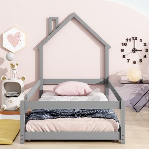 Okak Twin House-Style Headboard Floor Bed with Adjustable Safety Fences, Modern Low-Profile Toddler Bed Frame for Daycare & Home Use - 1 of 4