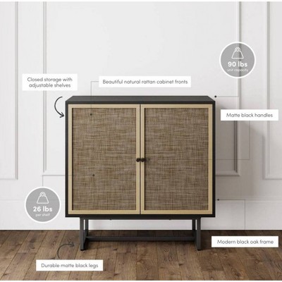 Black Oak and Rattan Freestanding Cabinet with Adjustable Shelves